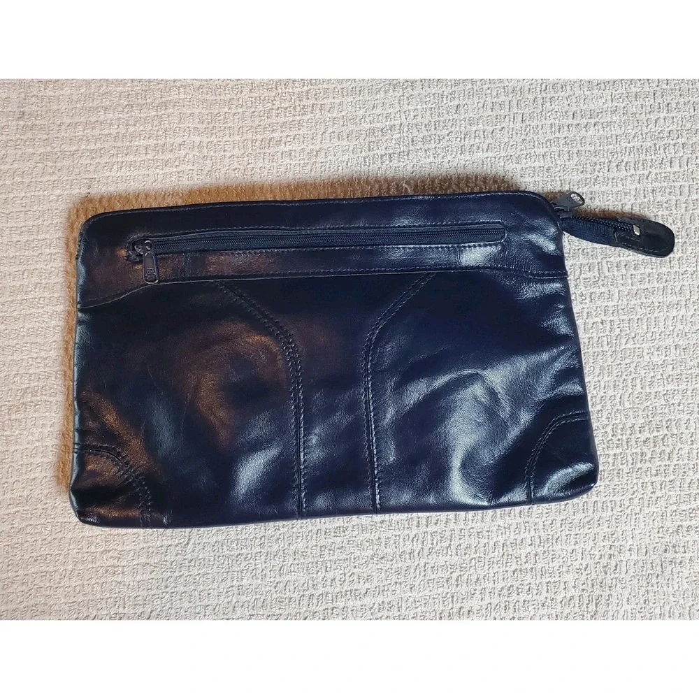 Contessa Vtg Geniune Leather‎ Clutch Navy Evening Minimalist Luxe EUC